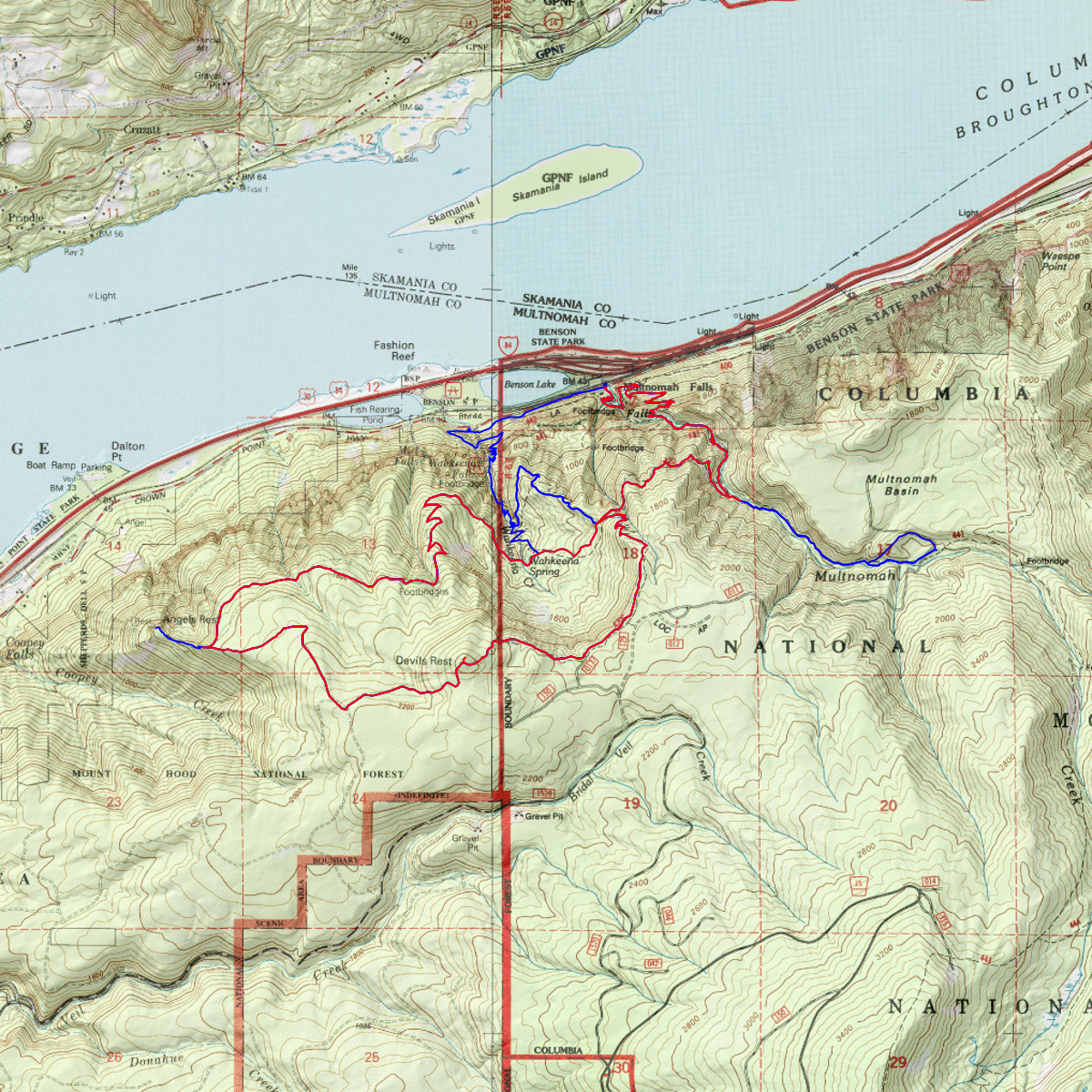 Multnomah, Wahkeena, Angel's Rest, Devil's Rest loop - CalTopo
