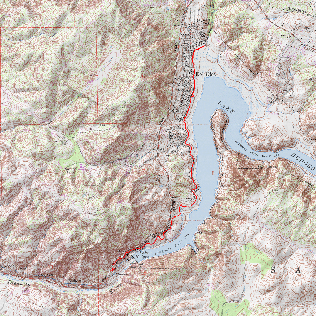 Lake Hodges West Shore CalTopo