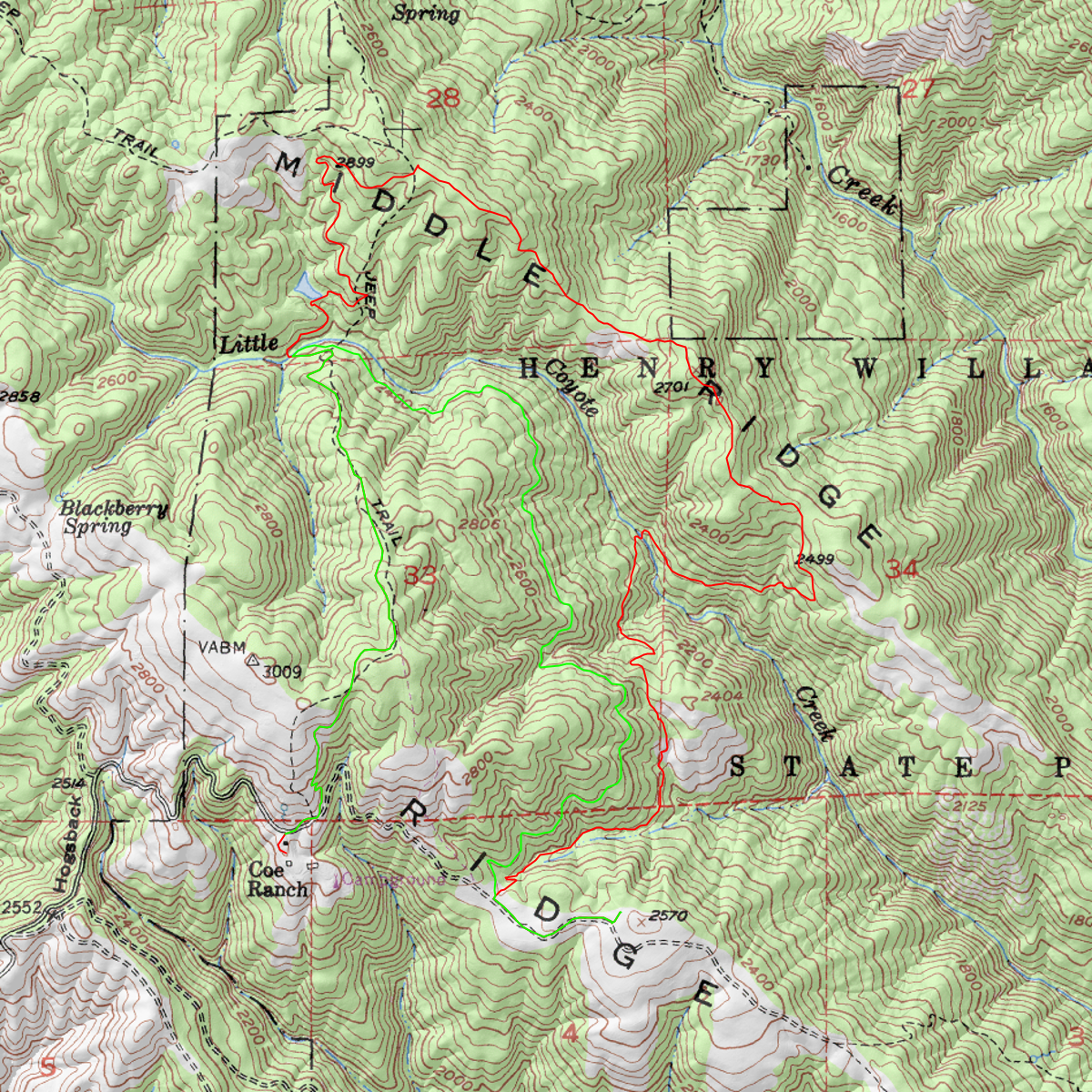 Henry Coe: Ridge view campsite - CalTopo