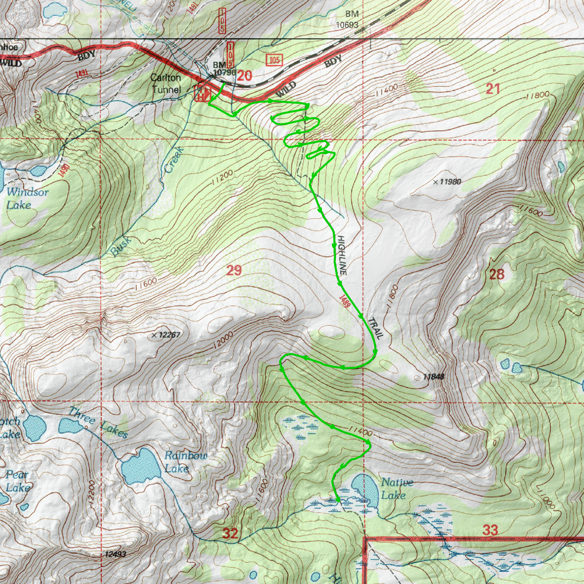 Highline Trail/Native Lake Trail 1489 - CalTopo