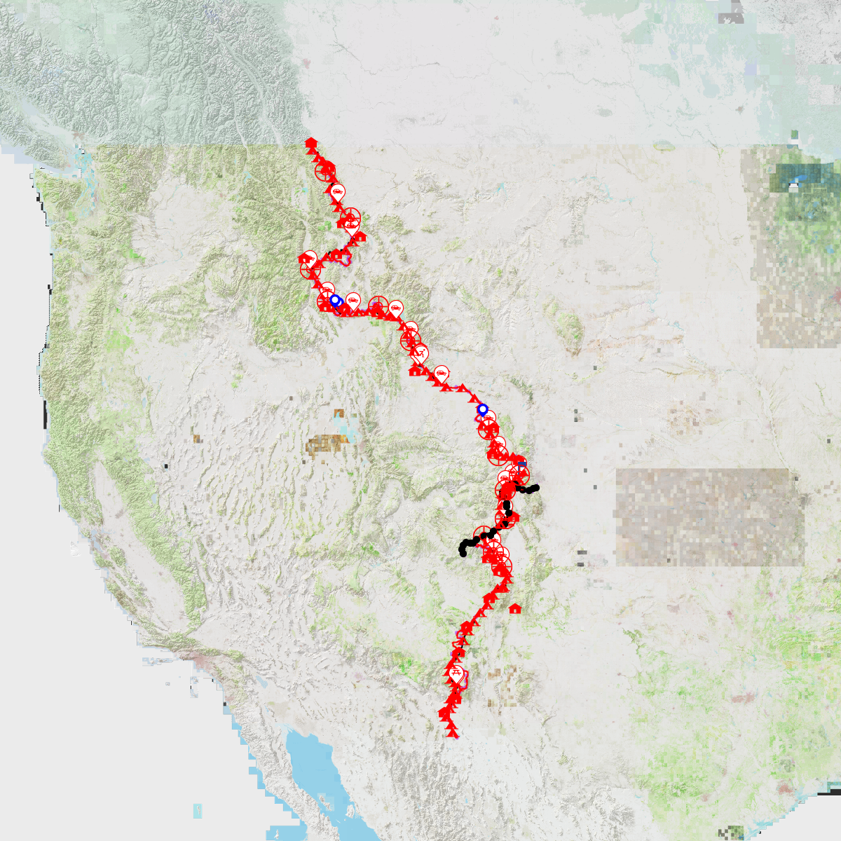 CDT route with common alternates and daily camp locations - CalTopo